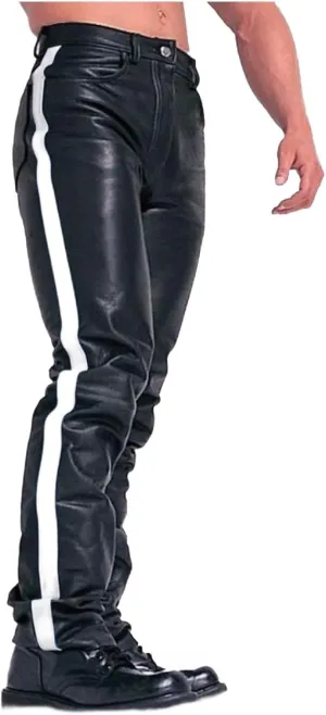 Men's HOT Style Real Black Cow Leather with Strips Pants Sleek & Sexy Jeans Motorcycle Biker Trouser