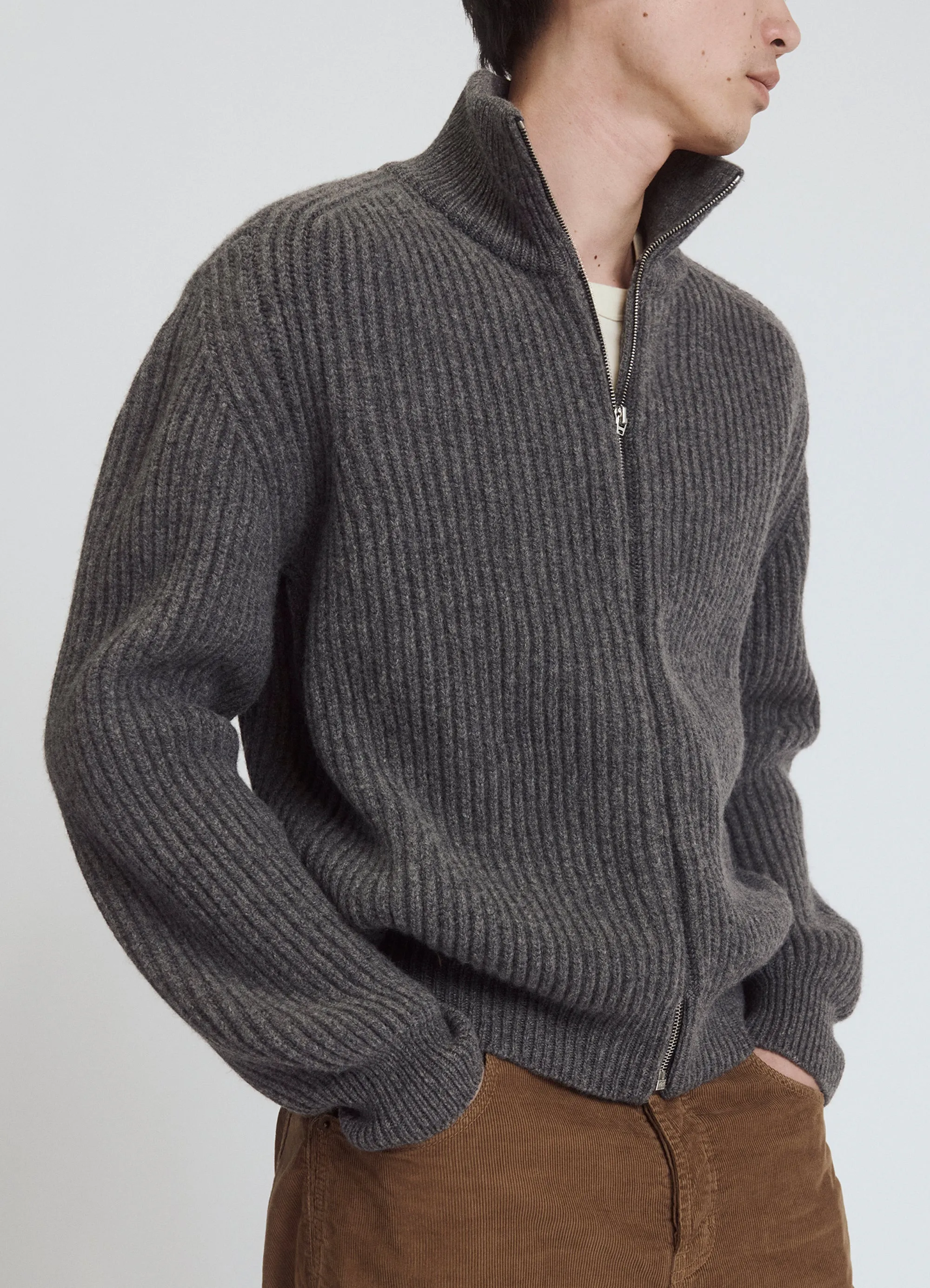 Mens Rea Rib Zip Jacket in Derby Grey