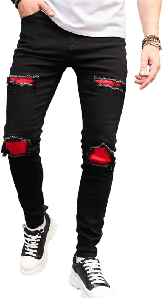 Men's Slim Fit Stretch Jeans Ripped Skinny Jeans for Men, Distressed Straight Leg Streetwear Comfort Male Pants