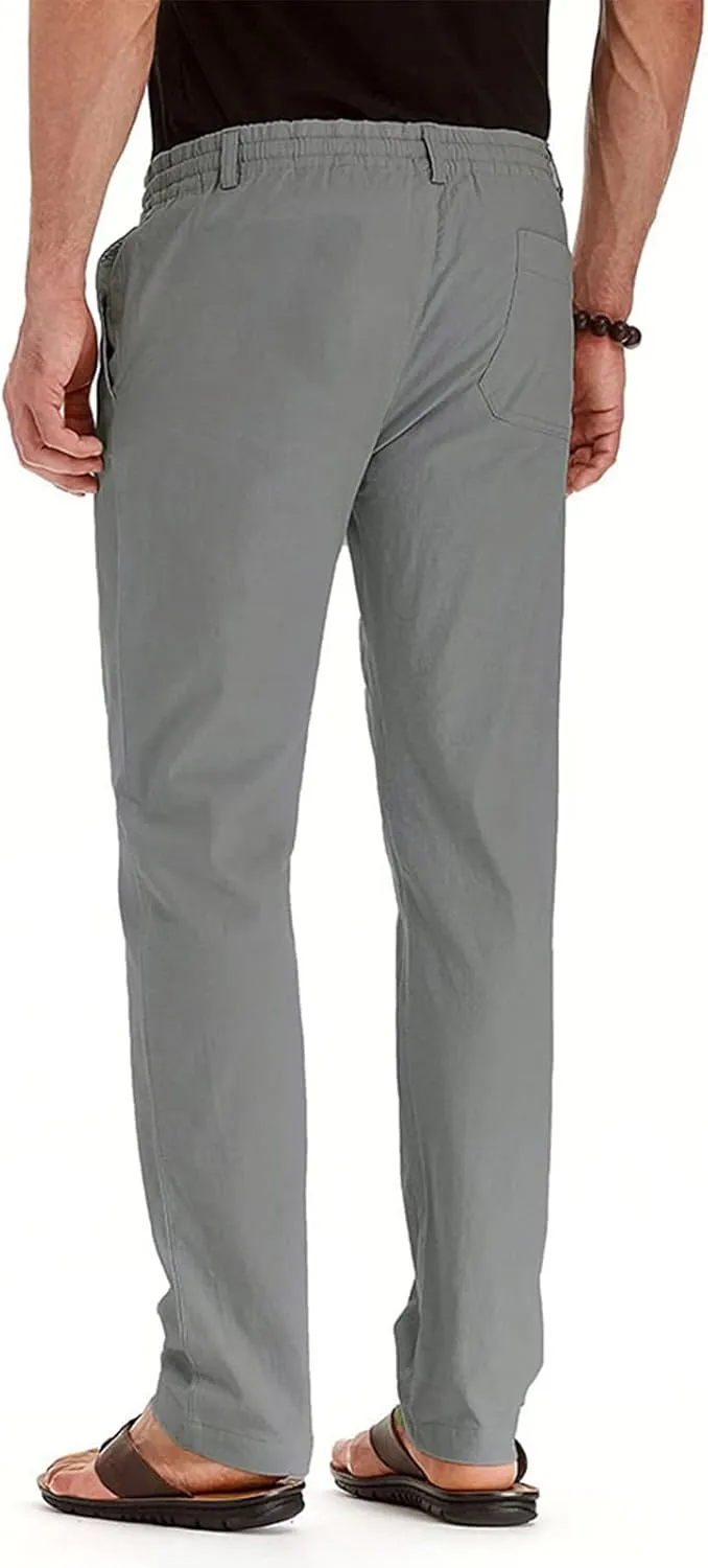 Mens Work Pants Drawstring Elastic Waist Business Casual Trousers Loose Straight Leg Summer Pull On Pants with Pocket