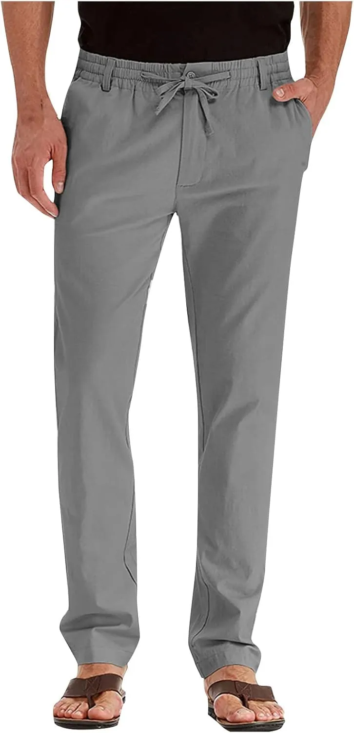Mens Work Pants Drawstring Elastic Waist Business Casual Trousers Loose Straight Leg Summer Pull On Pants with Pocket