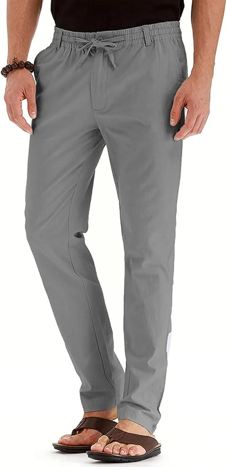 Mens Work Pants Drawstring Elastic Waist Business Casual Trousers Loose Straight Leg Summer Pull On Pants with Pocket