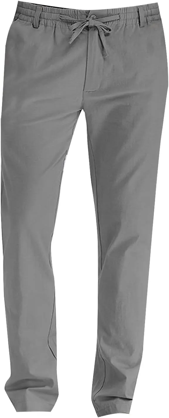 Mens Work Pants Drawstring Elastic Waist Business Casual Trousers Loose Straight Leg Summer Pull On Pants with Pocket