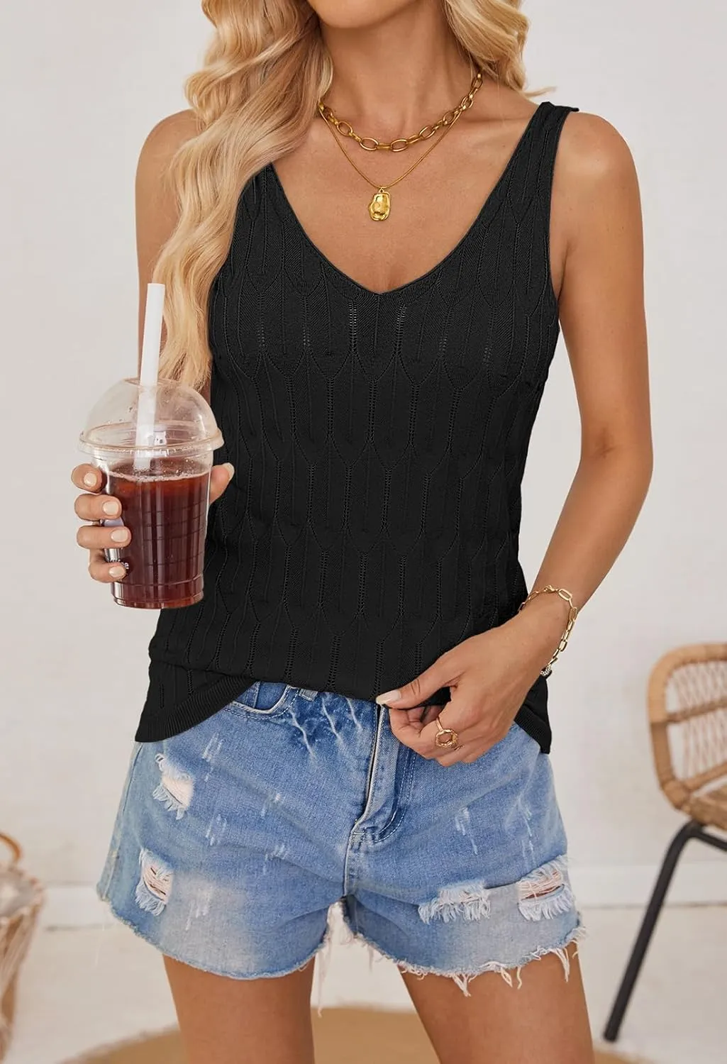 MEROKEETY Women's 2025 Summer Knit Tank Top V Neck Sleeveless Casual Trendy Crochet Lightweight Sweater Vest