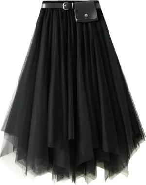 Mesh Layered Midi Irregular Tulle Skirt Women Summer High Waist Up Party Petticoat Skirt Women's Elegant Mint