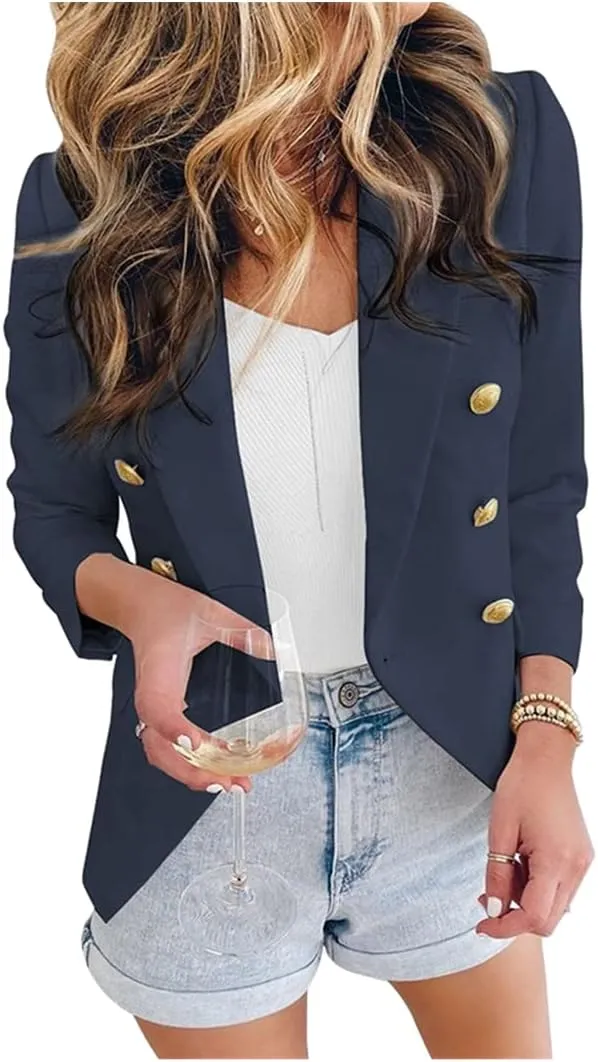 Meufam Womens Casual Pocketed Blazer Jacket Gold Button Long Sleeve Work Office Blazer Lapel Open Front Jacket Suit