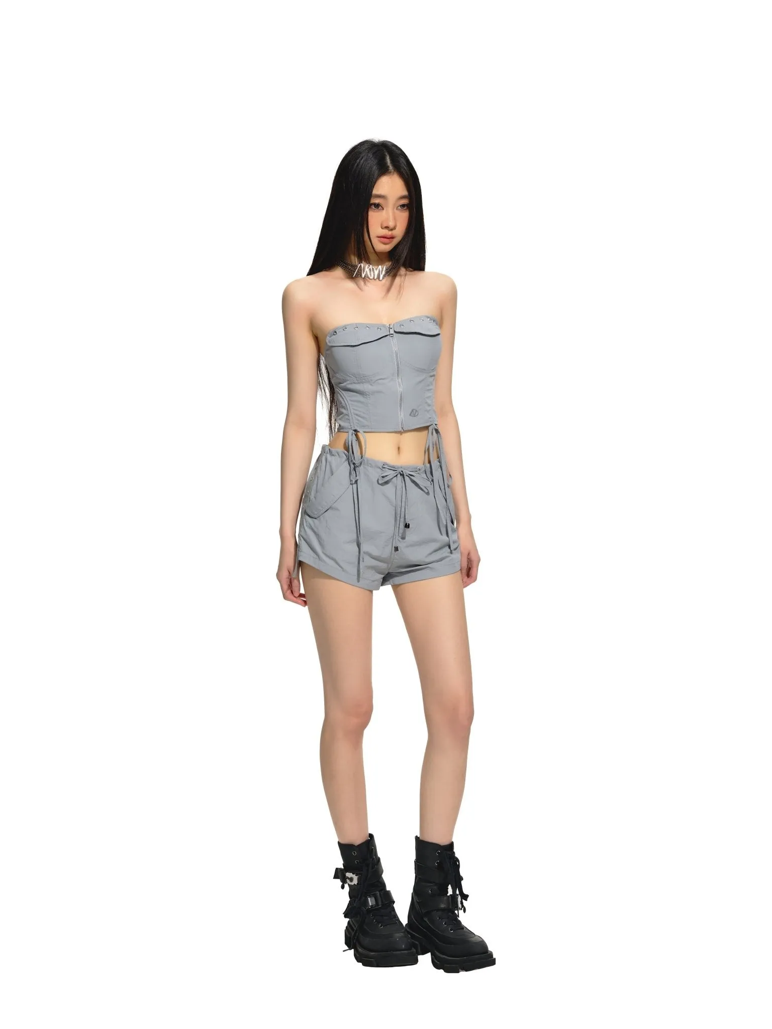 Mid-Rise Drawstring Casual Shorts Gray