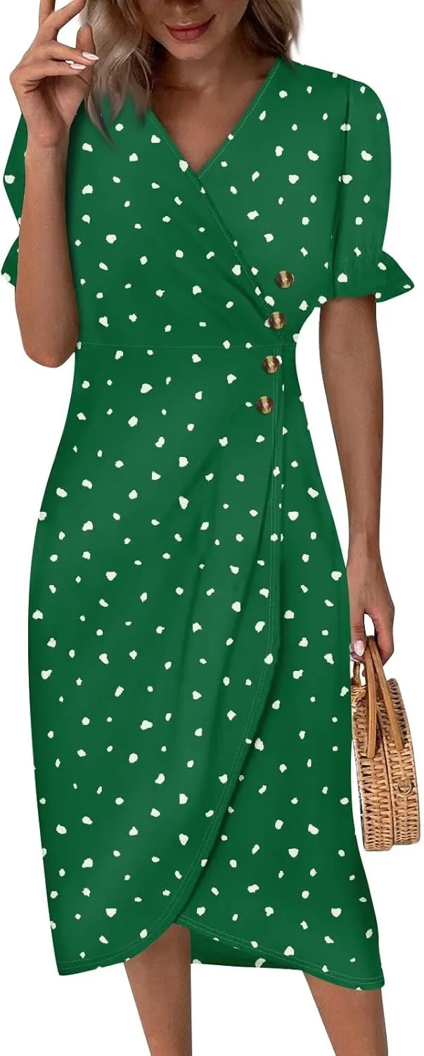 Midi Dresses for Women Casual Trendy Wrap Dress Elegant Party Sundress V Neck Sundresses Beach Vacation Puff Sleeve
