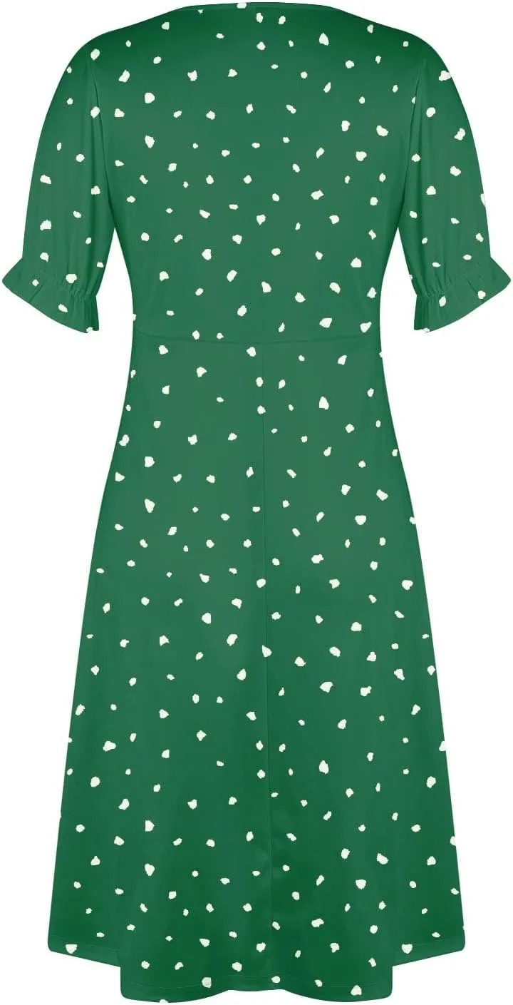 Midi Dresses for Women Casual Trendy Wrap Dress Elegant Party Sundress V Neck Sundresses Beach Vacation Puff Sleeve