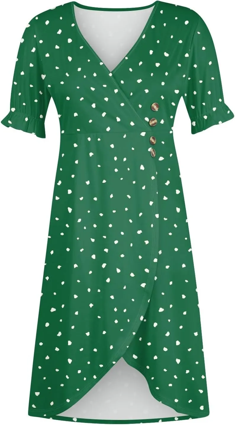 Midi Dresses for Women Casual Trendy Wrap Dress Elegant Party Sundress V Neck Sundresses Beach Vacation Puff Sleeve