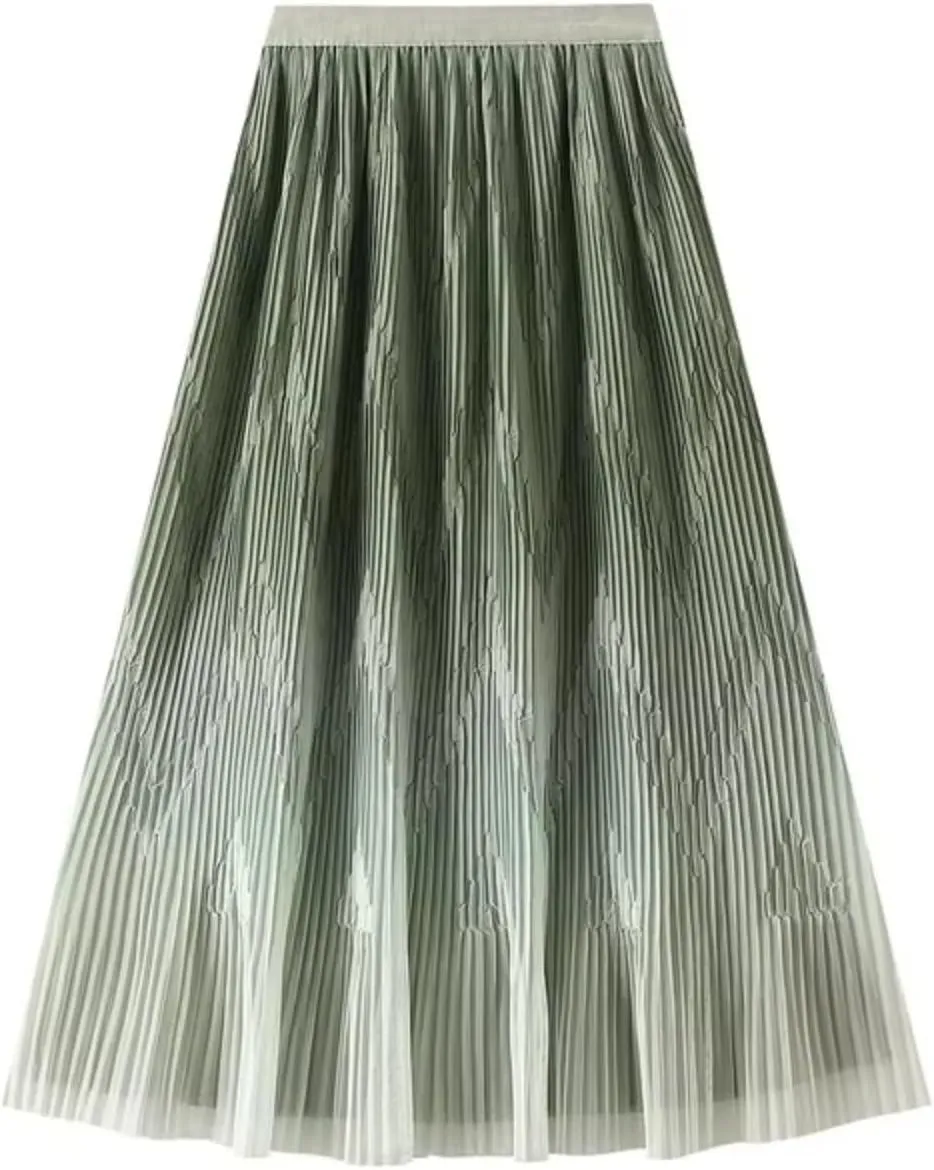 Midi Length Skirt Women Korean Elastic High Waist Casual Pleated Skirts Female