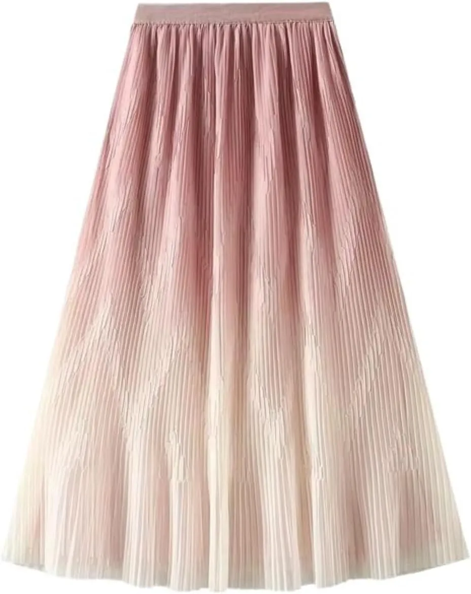 Midi Length Skirt Women Korean Elastic High Waist Casual Pleated Skirts Female