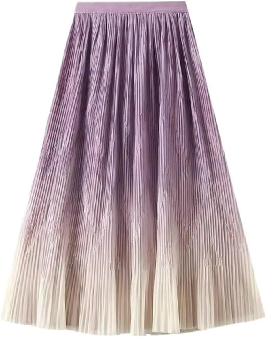 Midi Length Skirt Women Korean Elastic High Waist Casual Pleated Skirts Female