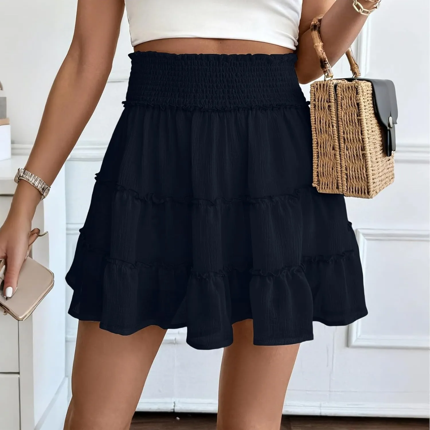 Mini Skirts with Shorts for Women Cute Summer High Waisted Tiered Ruffle Short Skirt Flowy Beach Chiffon Skirt