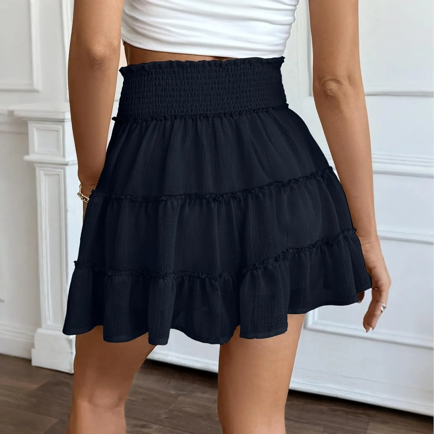 Mini Skirts with Shorts for Women Cute Summer High Waisted Tiered Ruffle Short Skirt Flowy Beach Chiffon Skirt