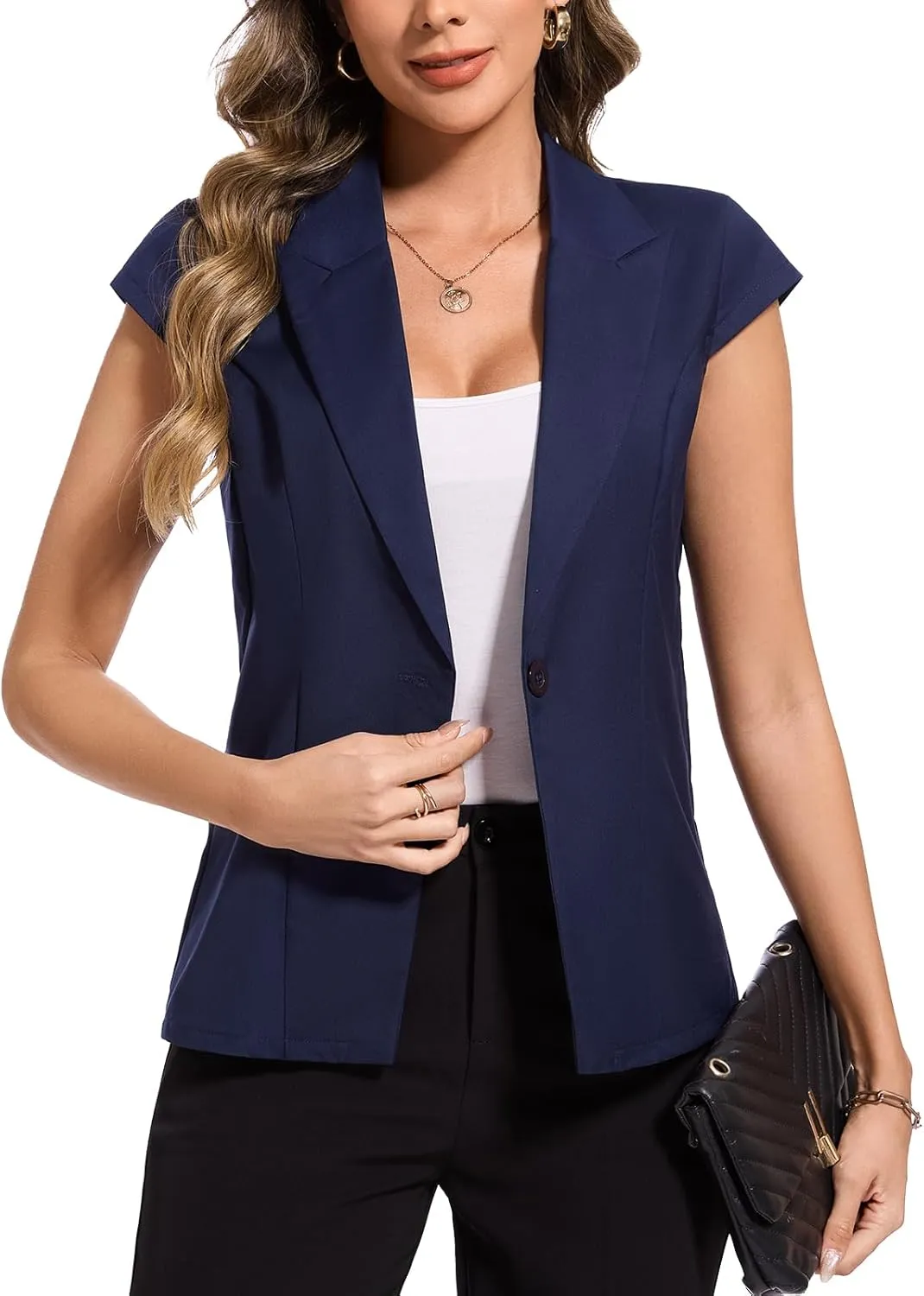 MINTLIMIT Cap Short Sleeve Blazers for Women Dressy Casual Lightweight Button Front Jacket Notch Lapel Work Office Blazer