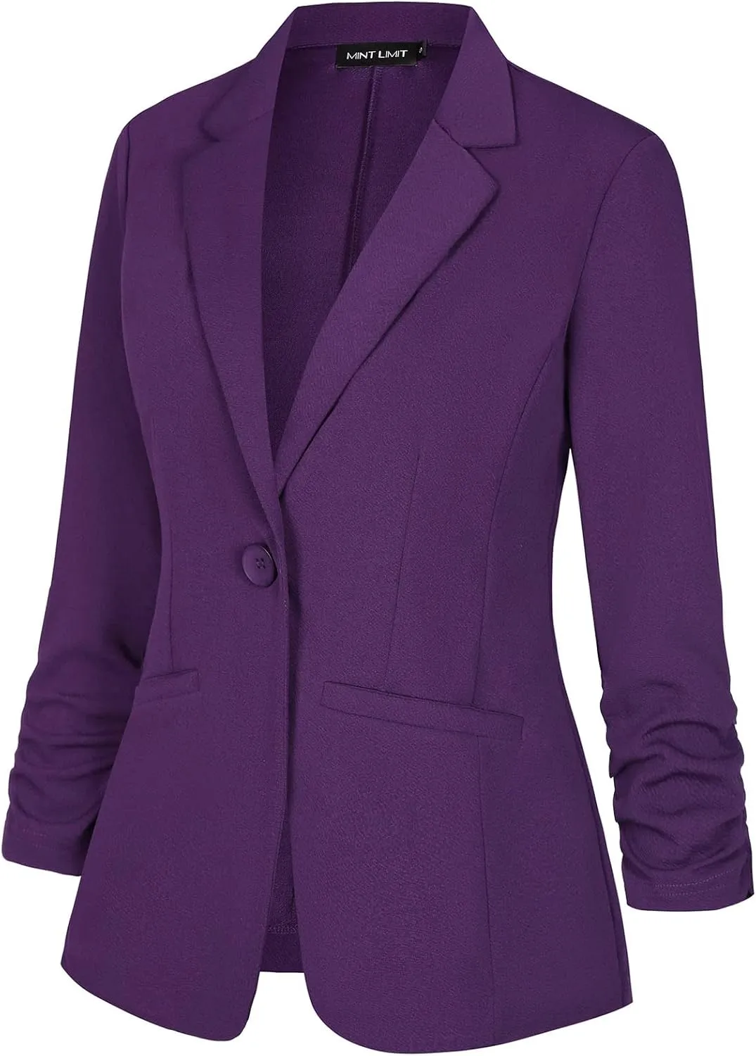 MINTLIMIT Women's Casual Blazer 3/4 Ruched Sleeve Open Front Button Work Office Blazer Jackets with Pockets