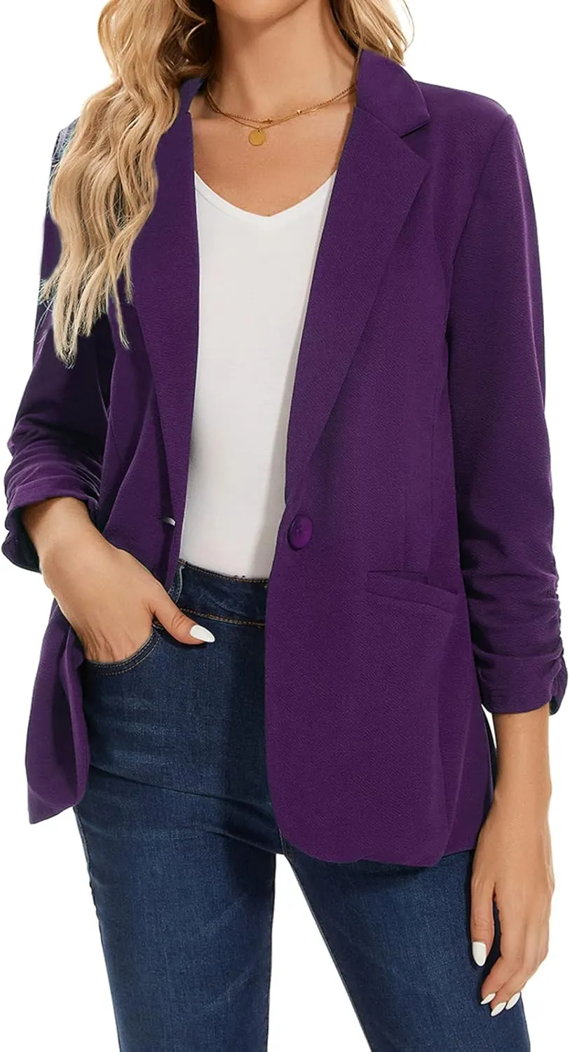 MINTLIMIT Women's Casual Blazer 3/4 Ruched Sleeve Open Front Button Work Office Blazer Jackets with Pockets