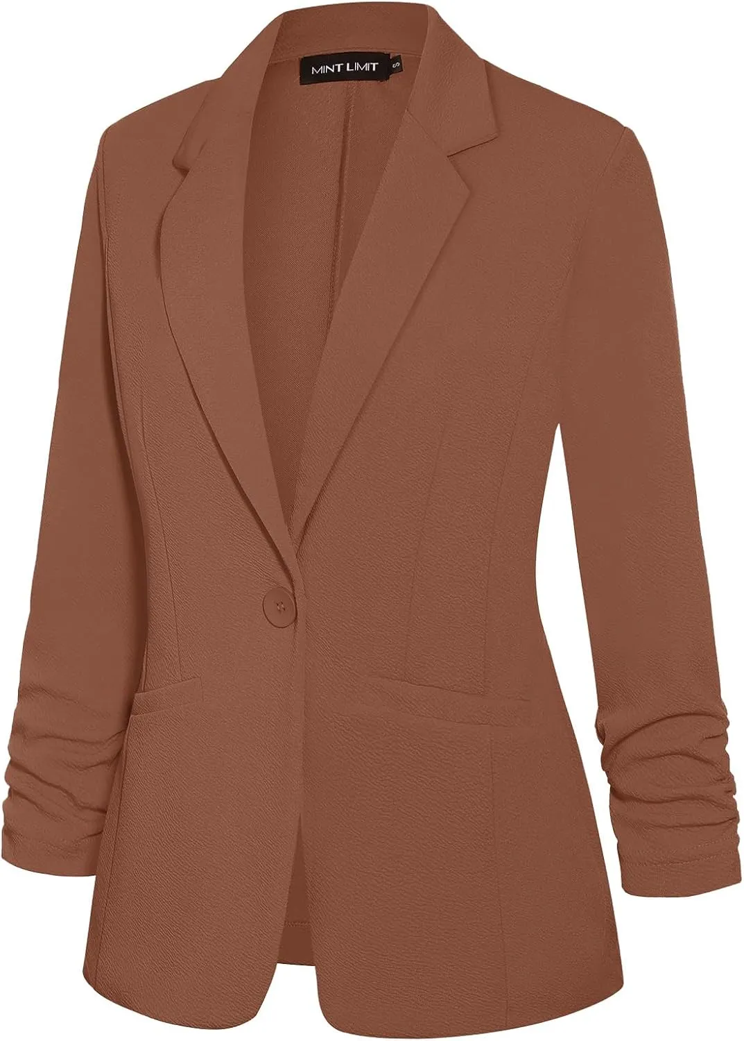 MINTLIMIT Women's Casual Blazer 3/4 Ruched Sleeve Open Front Button Work Office Blazer Jackets with Pockets