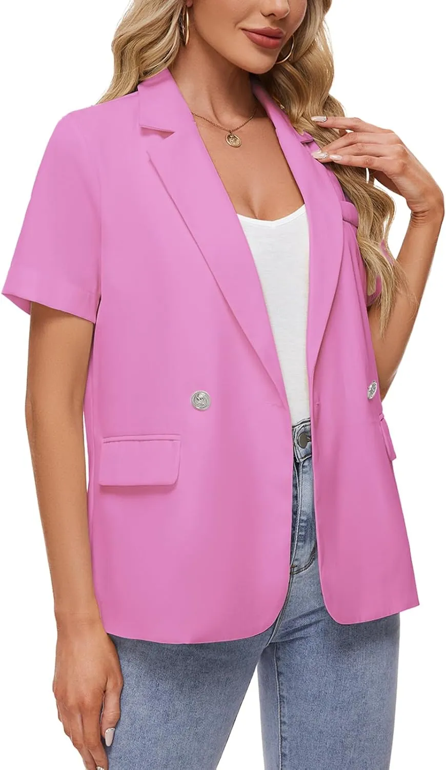 MINTLIMIT Womens Casual Blazer Short Sleeve Lapel Buttons Work Office Blazer Open Front Suit Jackets with Pockets