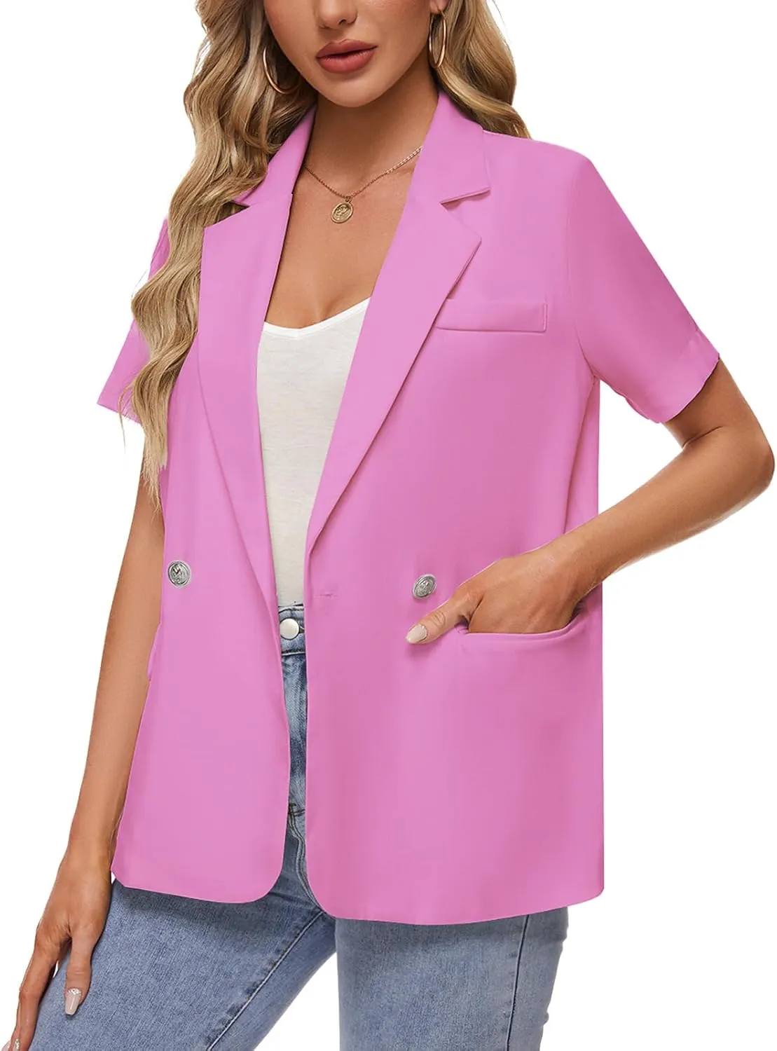MINTLIMIT Womens Casual Blazer Short Sleeve Lapel Buttons Work Office Blazer Open Front Suit Jackets with Pockets