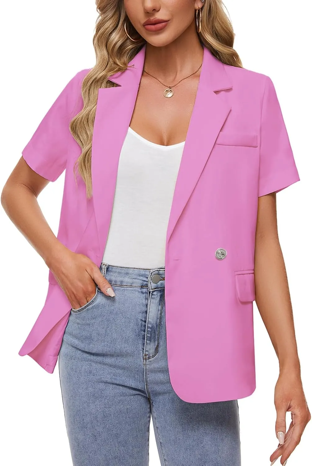 MINTLIMIT Womens Casual Blazer Short Sleeve Lapel Buttons Work Office Blazer Open Front Suit Jackets with Pockets