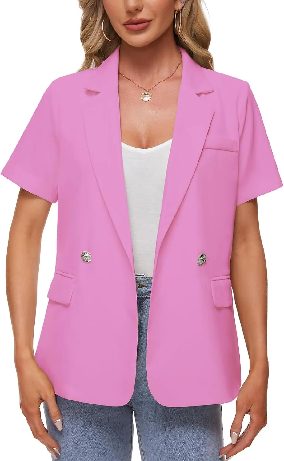 MINTLIMIT Womens Casual Blazer Short Sleeve Lapel Buttons Work Office Blazer Open Front Suit Jackets with Pockets