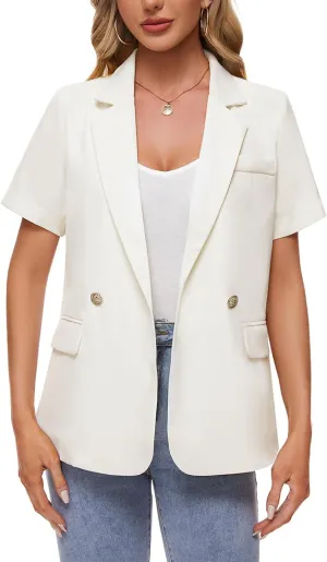 MINTLIMIT Womens Short Sleeve Blazers Notch Lapel Button Suit Blazer Jackets Lightweight Tailored Jacket Blazers Business Formal,White,L