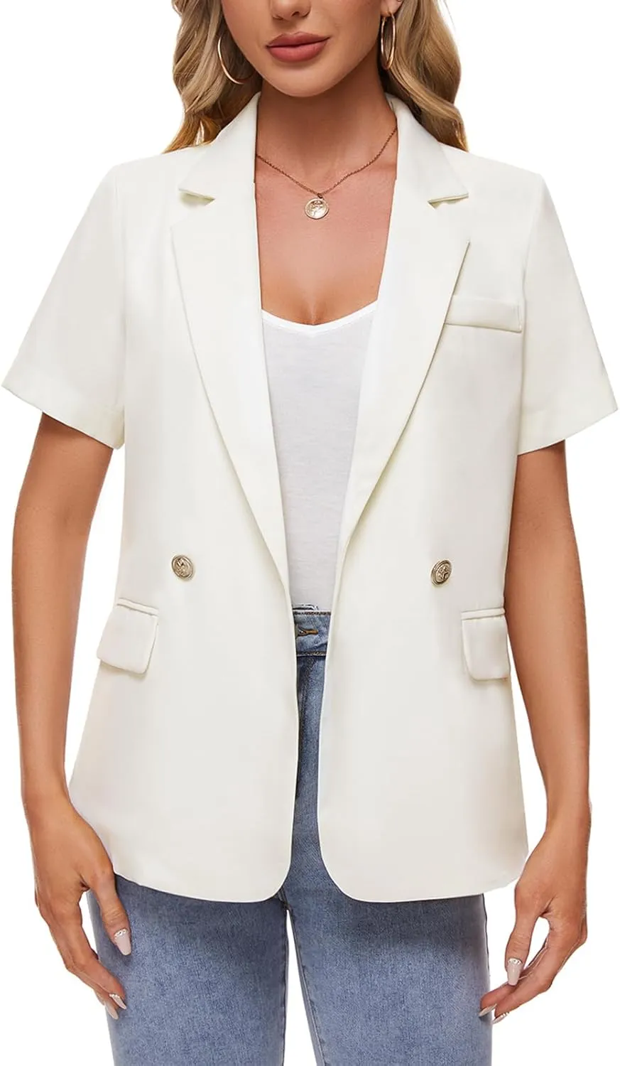MINTLIMIT Womens Short Sleeve Blazers Notch Lapel Button Suit Blazer Jackets Lightweight Tailored Jacket Blazers Business Formal,White,L
