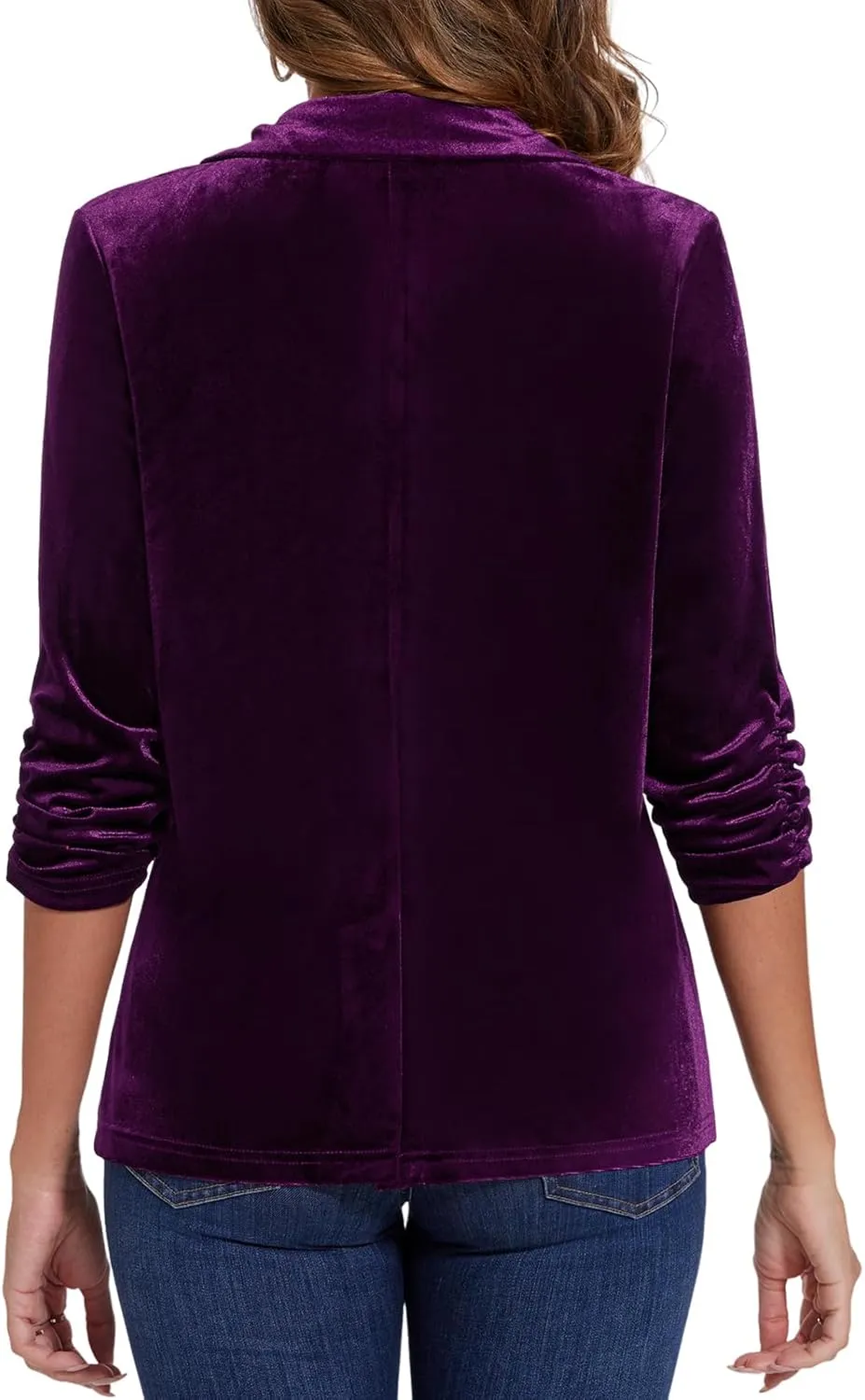 MINTLIMIT Women's Velvet Blazer Ruched 3/4 Sleeve Jacket Notch Lapel Button Open Front Casual Blazers with Pockets