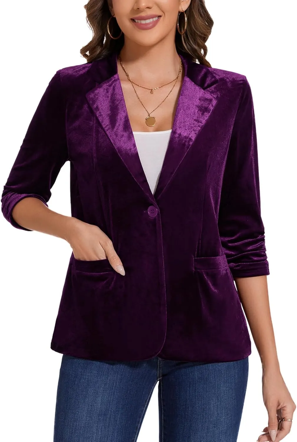MINTLIMIT Women's Velvet Blazer Ruched 3/4 Sleeve Jacket Notch Lapel Button Open Front Casual Blazers with Pockets