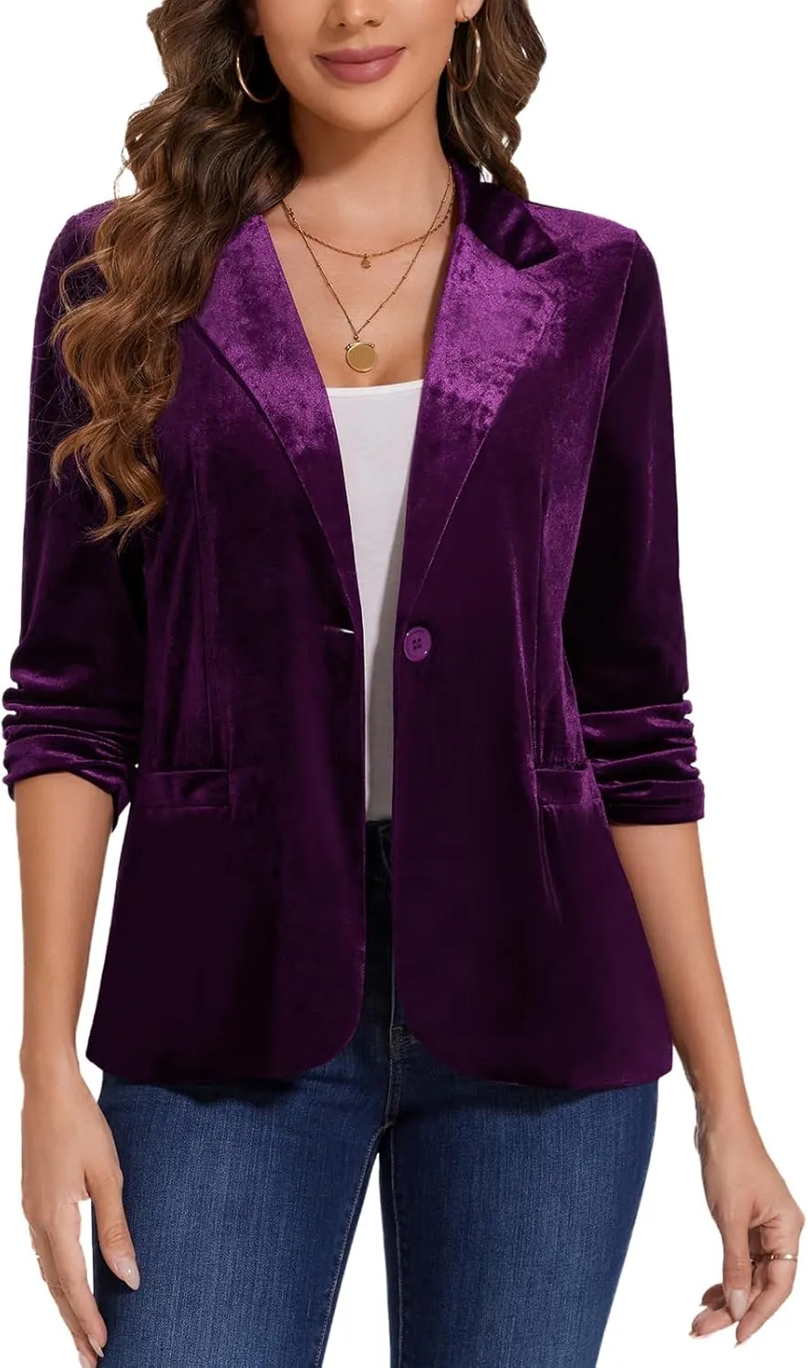 MINTLIMIT Women's Velvet Blazer Ruched 3/4 Sleeve Jacket Notch Lapel Button Open Front Casual Blazers with Pockets