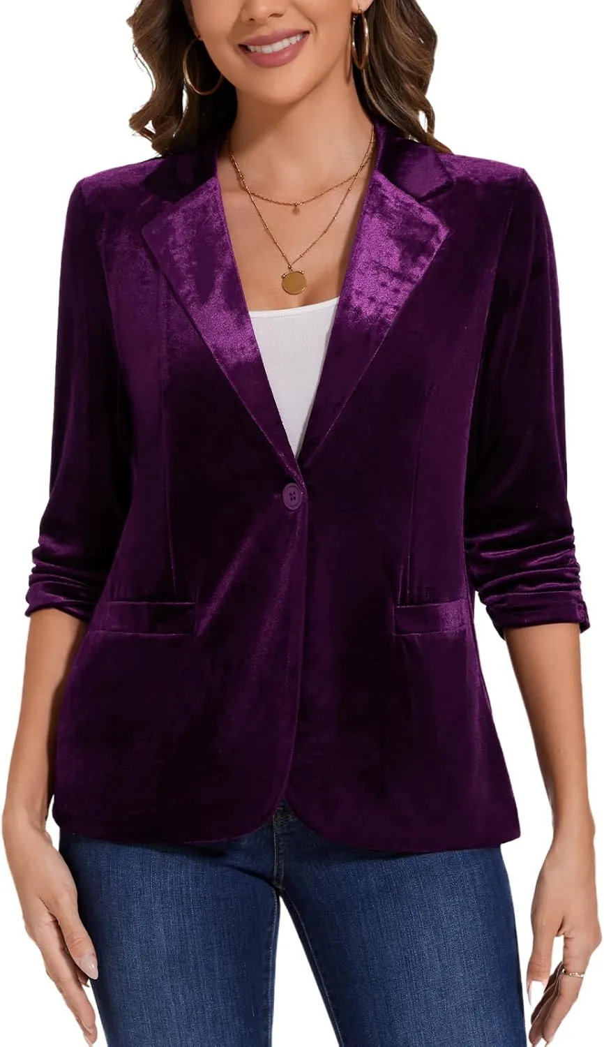 MINTLIMIT Women's Velvet Blazer Ruched 3/4 Sleeve Jacket Notch Lapel Button Open Front Casual Blazers with Pockets
