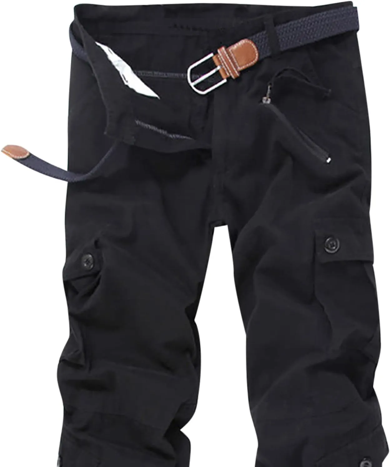 Muscularfit Black Cargo Pants Men Outdoor Fashion Buckle Zipper Solid Multi Pockets Loose Trousers Casual Sports Sweatpants