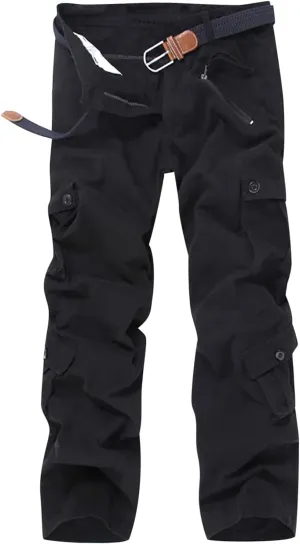 Muscularfit Black Cargo Pants Men Outdoor Fashion Buckle Zipper Solid Multi Pockets Loose Trousers Casual Sports Sweatpants