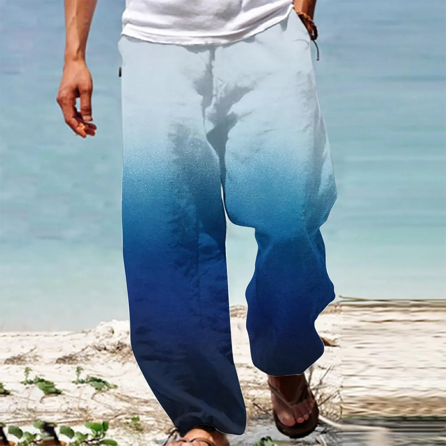 Muscularfit Mens Stretch Pants Casual Loose Drawstring Cotton Linen Straight Legs Fashion Gradient Color Stretch Trousers