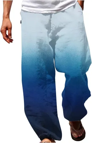 Muscularfit Mens Stretch Pants Casual Loose Drawstring Cotton Linen Straight Legs Fashion Gradient Color Stretch Trousers