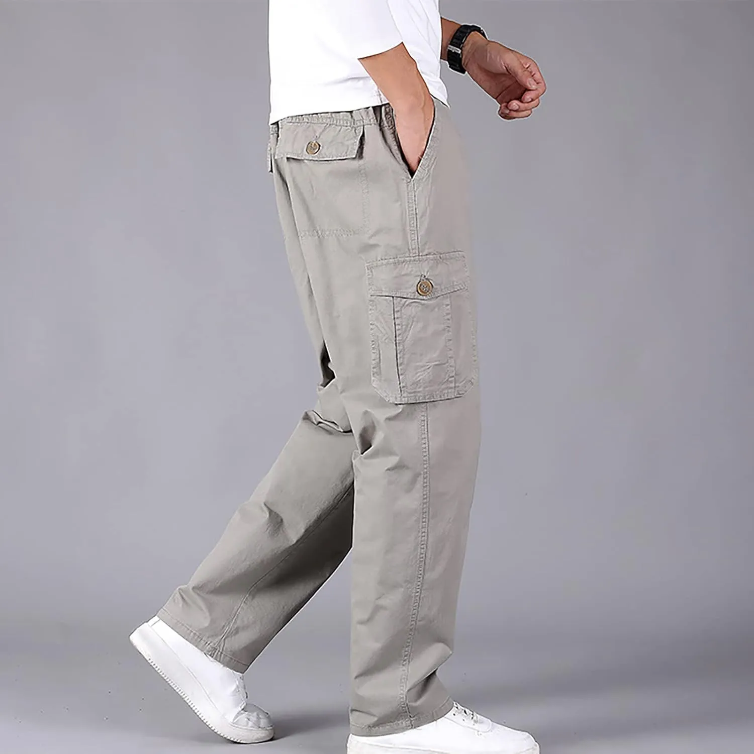 Muscularfit Plus Size Cargo Pants for Men Fashion Outdoor Cotton Multi Pockets Solid Straight Trouser Causal Loose Sweatpants
