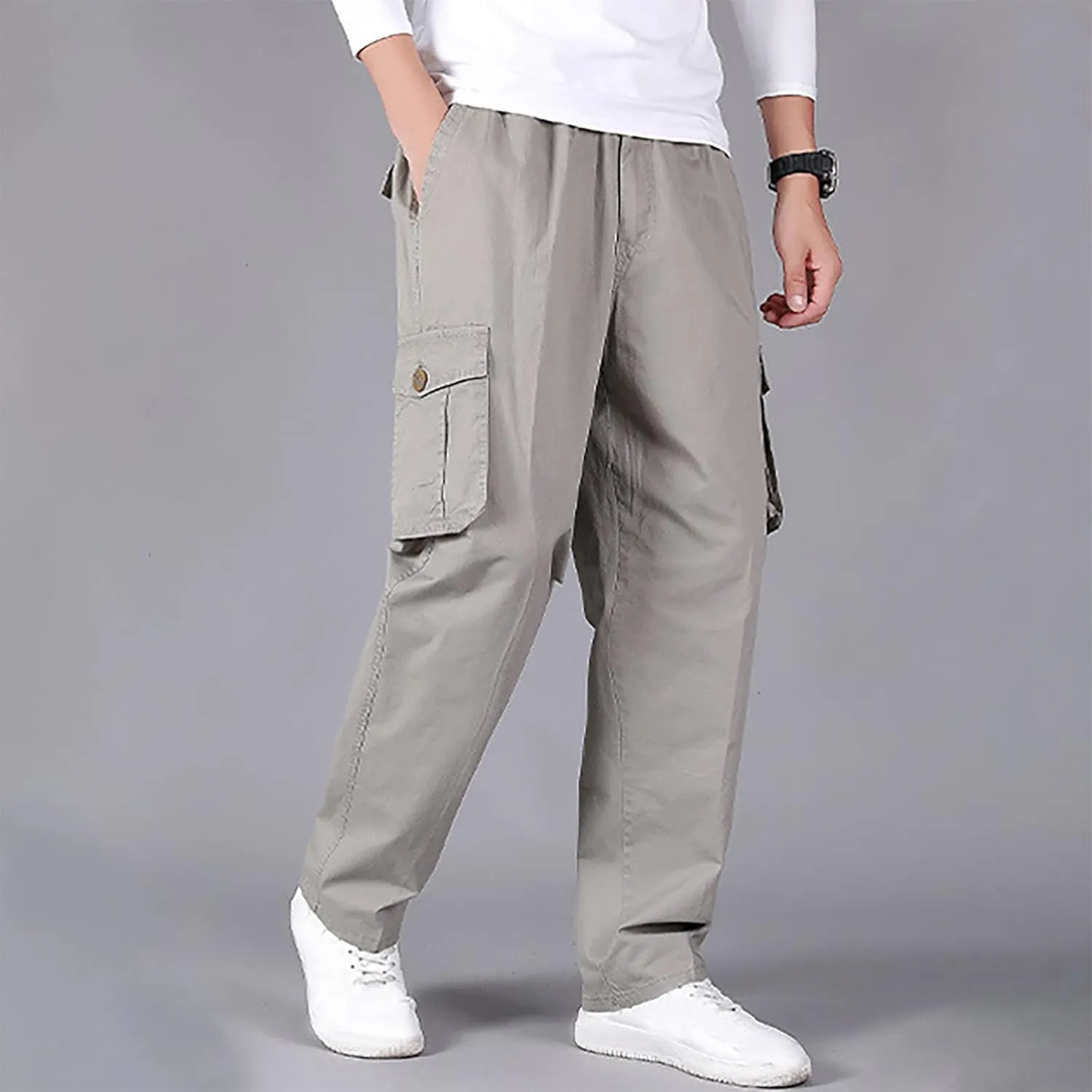 Muscularfit Plus Size Cargo Pants for Men Fashion Outdoor Cotton Multi Pockets Solid Straight Trouser Causal Loose Sweatpants