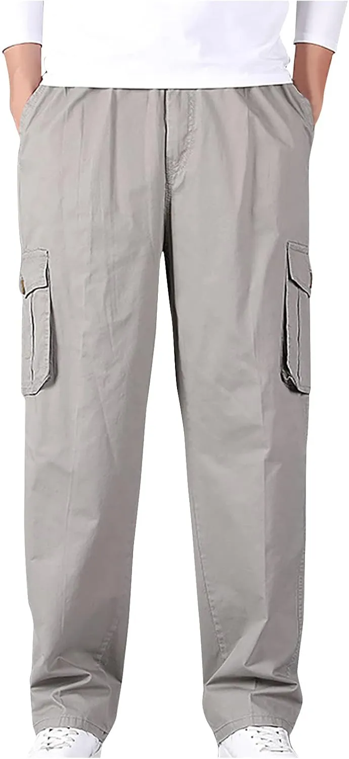 Muscularfit Plus Size Cargo Pants for Men Fashion Outdoor Cotton Multi Pockets Solid Straight Trouser Causal Loose Sweatpants