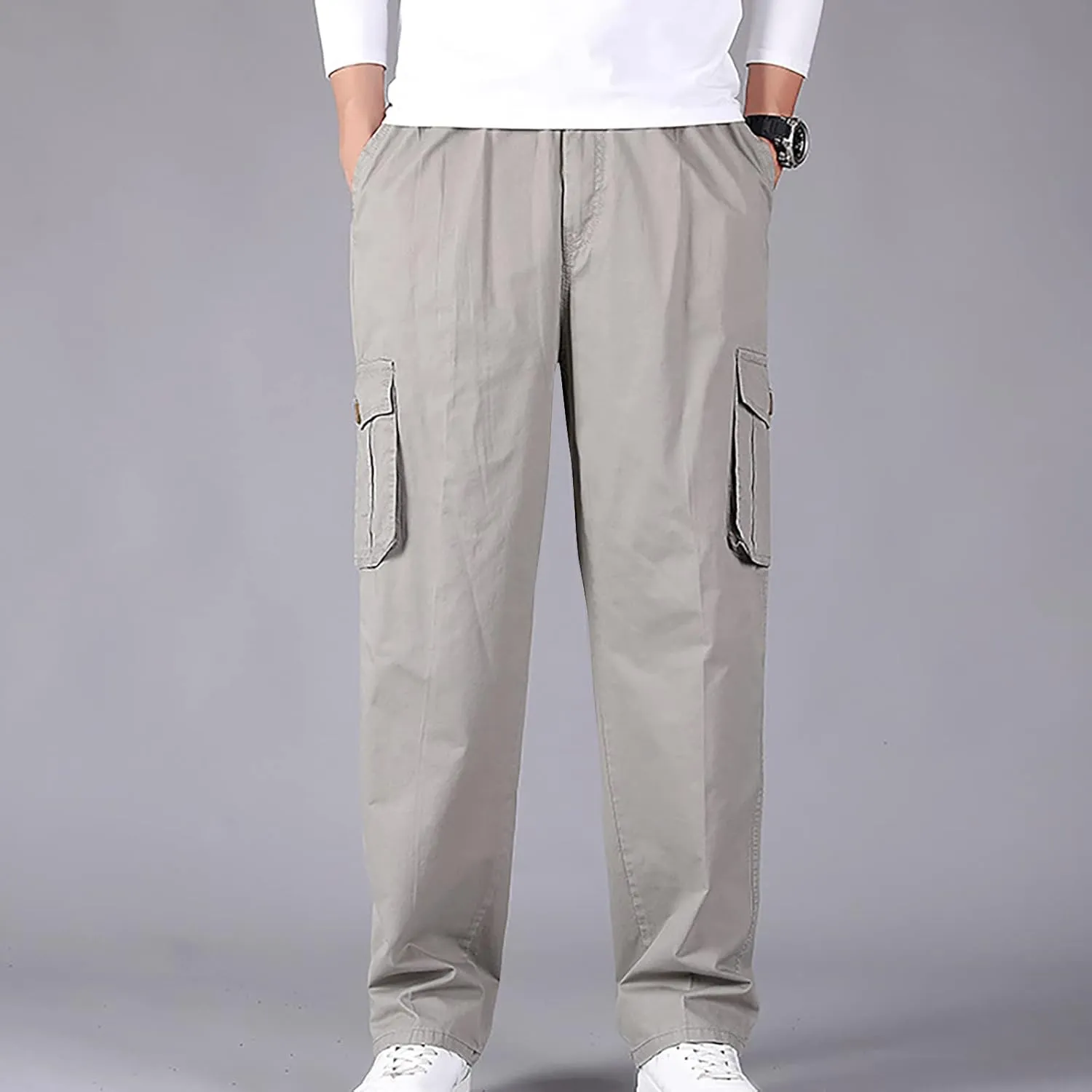 Muscularfit Plus Size Cargo Pants for Men Fashion Outdoor Cotton Multi Pockets Solid Straight Trouser Causal Loose Sweatpants