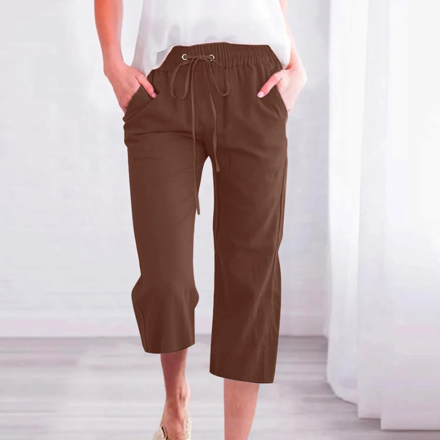 Mzkdieey Plus Size Capris Pants for Women Cotton Linen Summer 2025 Straight Wide Leg Drawstring Elastic Waist Cropped Trouser