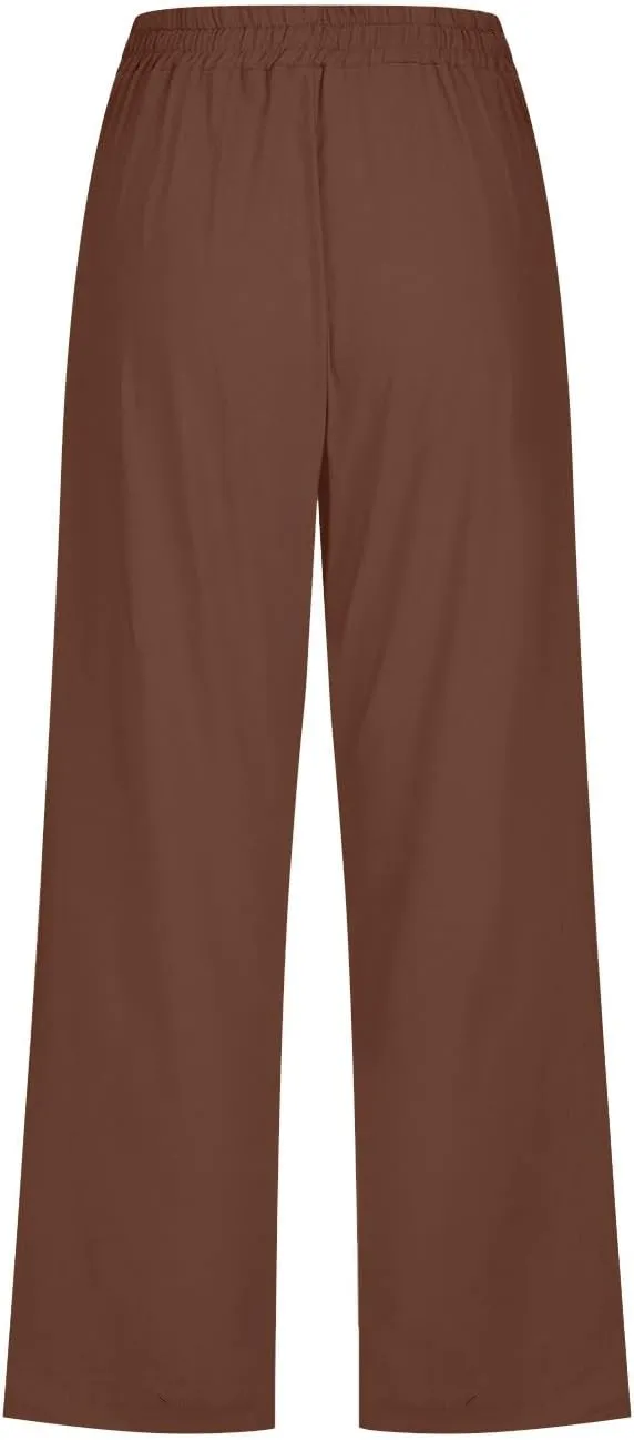 Mzkdieey Plus Size Capris Pants for Women Cotton Linen Summer 2025 Straight Wide Leg Drawstring Elastic Waist Cropped Trouser