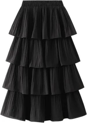 New Women Tiered Pleated High Waist Cake Skirt Lady Casual Dress Female Solid Skirt Shiny Skirt for Girls