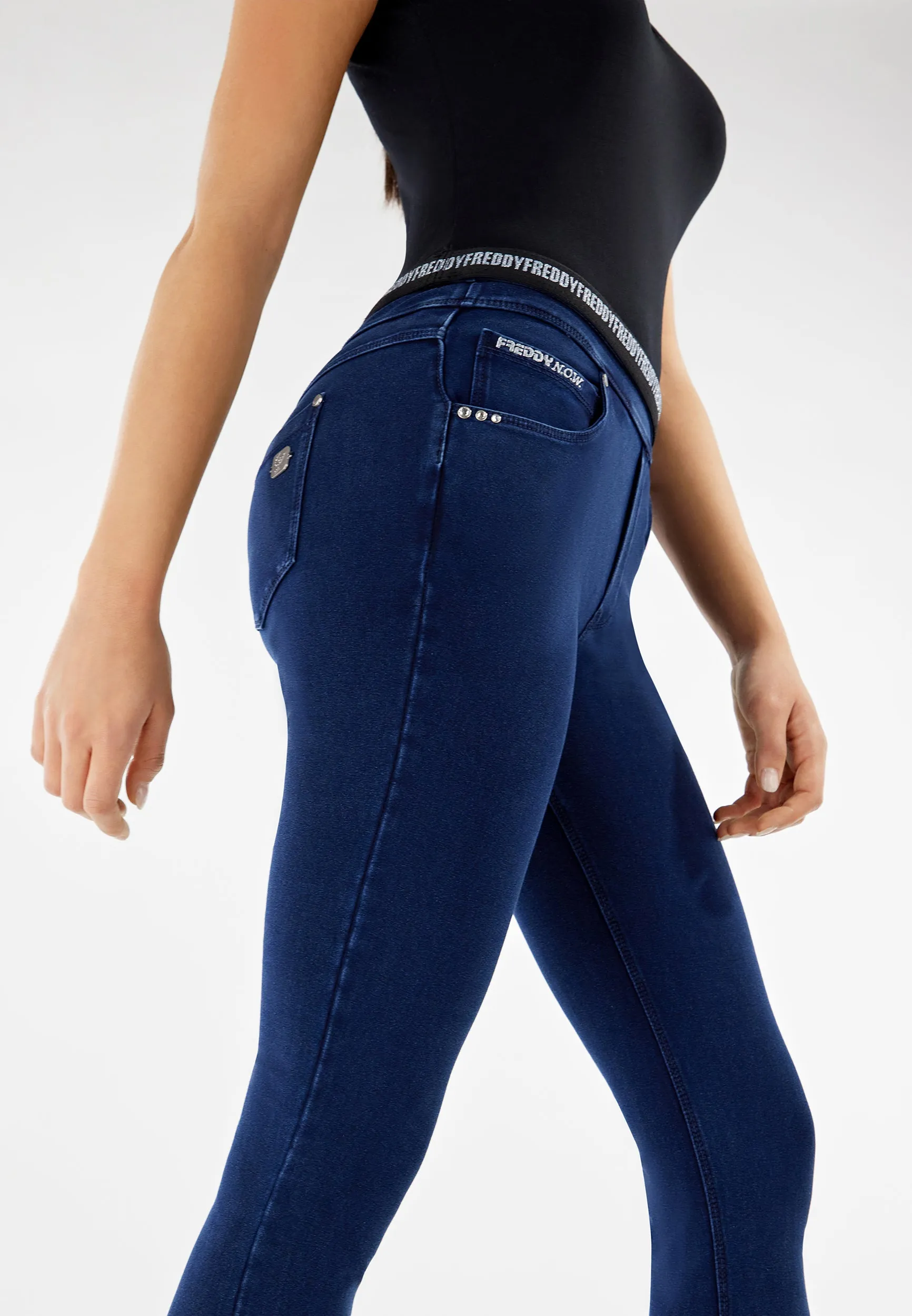 (NOWY1MC002-J0B) N.O.W.® PANTS DENIM-EFFECT JERSEY DARK BLUE PANTS WITH A FOLDABLE WAIST