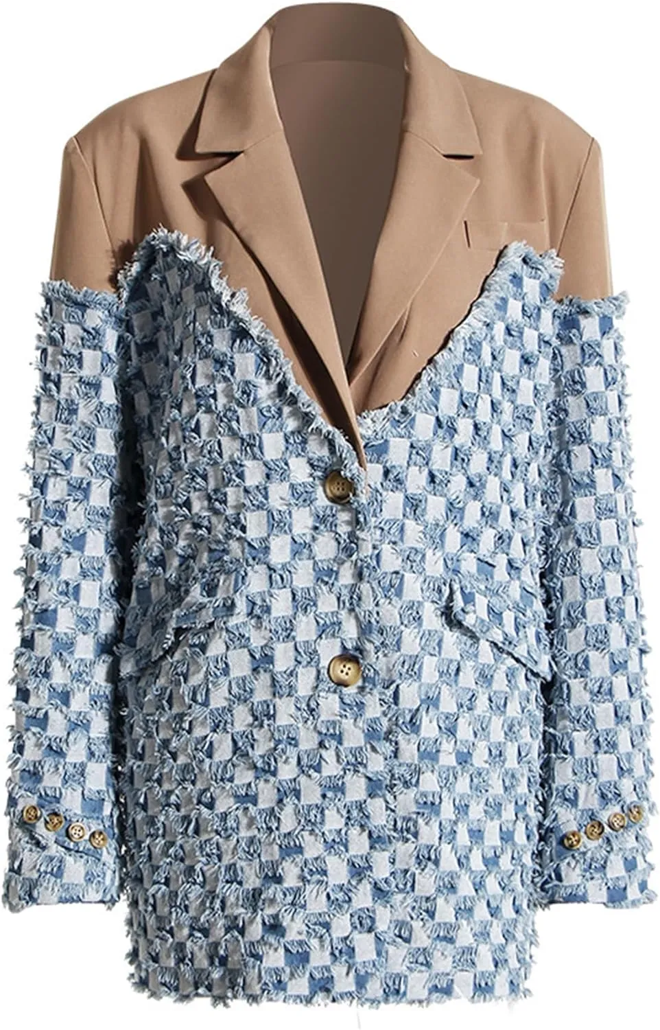 NRTHYE Women Denim Oversized Blazer Casual Plaid Color Block Patchwork Fringe Lapel Jean Suit Jackets