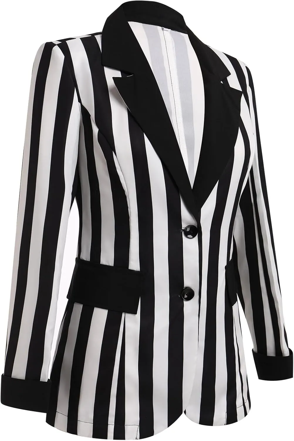 OBEEII Womens Black and White Striped Blazer Long Sleeve Single-Breasted Button Vertical Striped Blazer Office Work Jacket