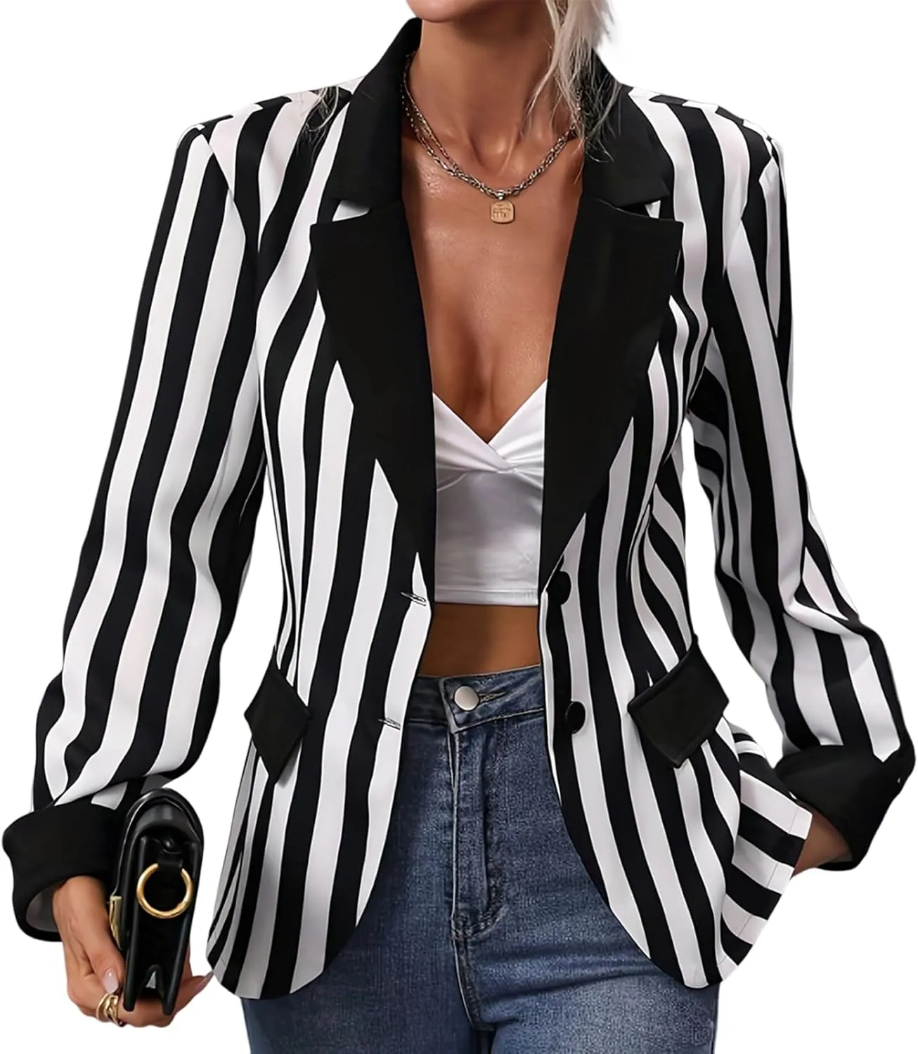 OBEEII Womens Black and White Striped Blazer Long Sleeve Single-Breasted Button Vertical Striped Blazer Office Work Jacket