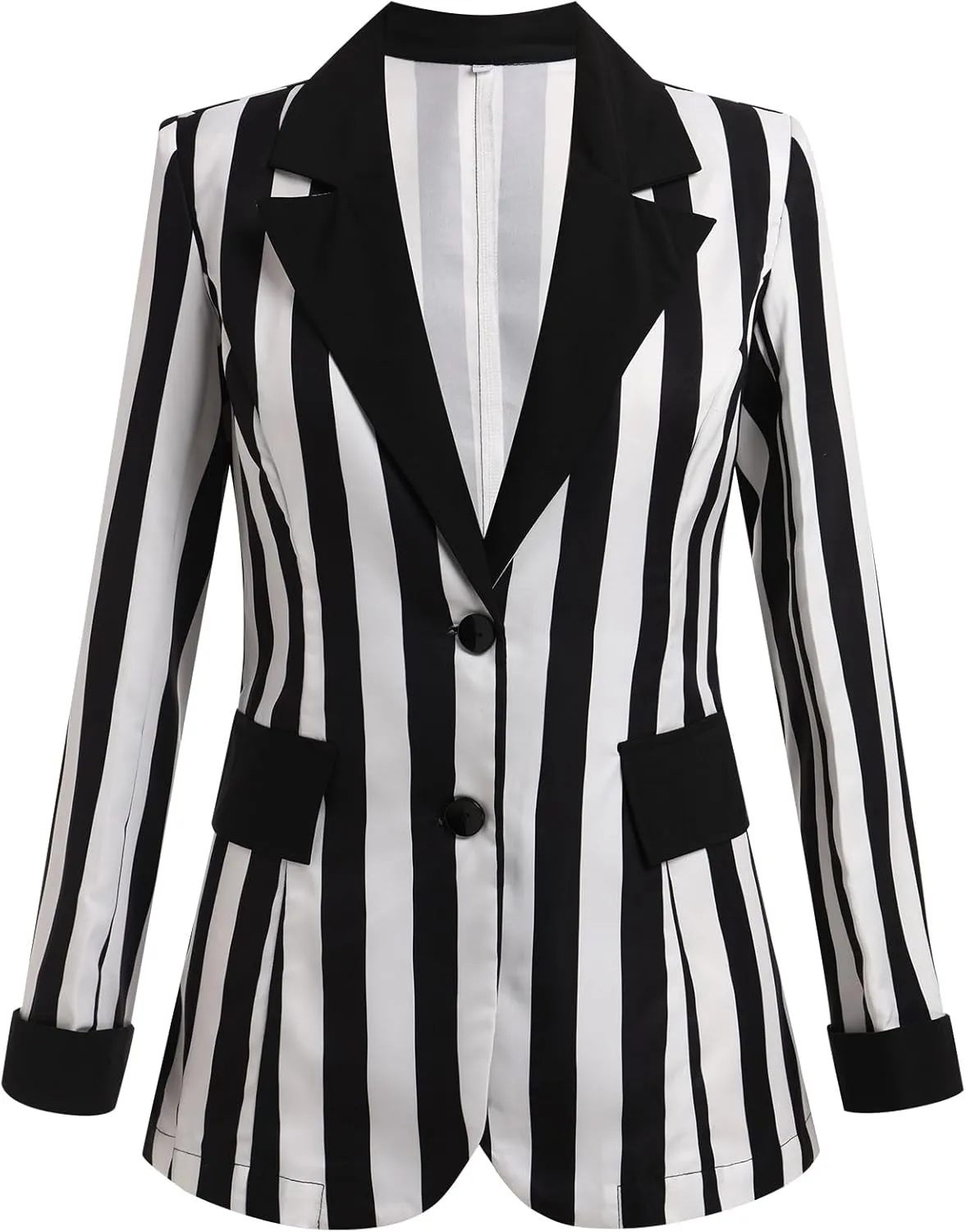 OBEEII Womens Black and White Striped Blazer Long Sleeve Single-Breasted Button Vertical Striped Blazer Office Work Jacket
