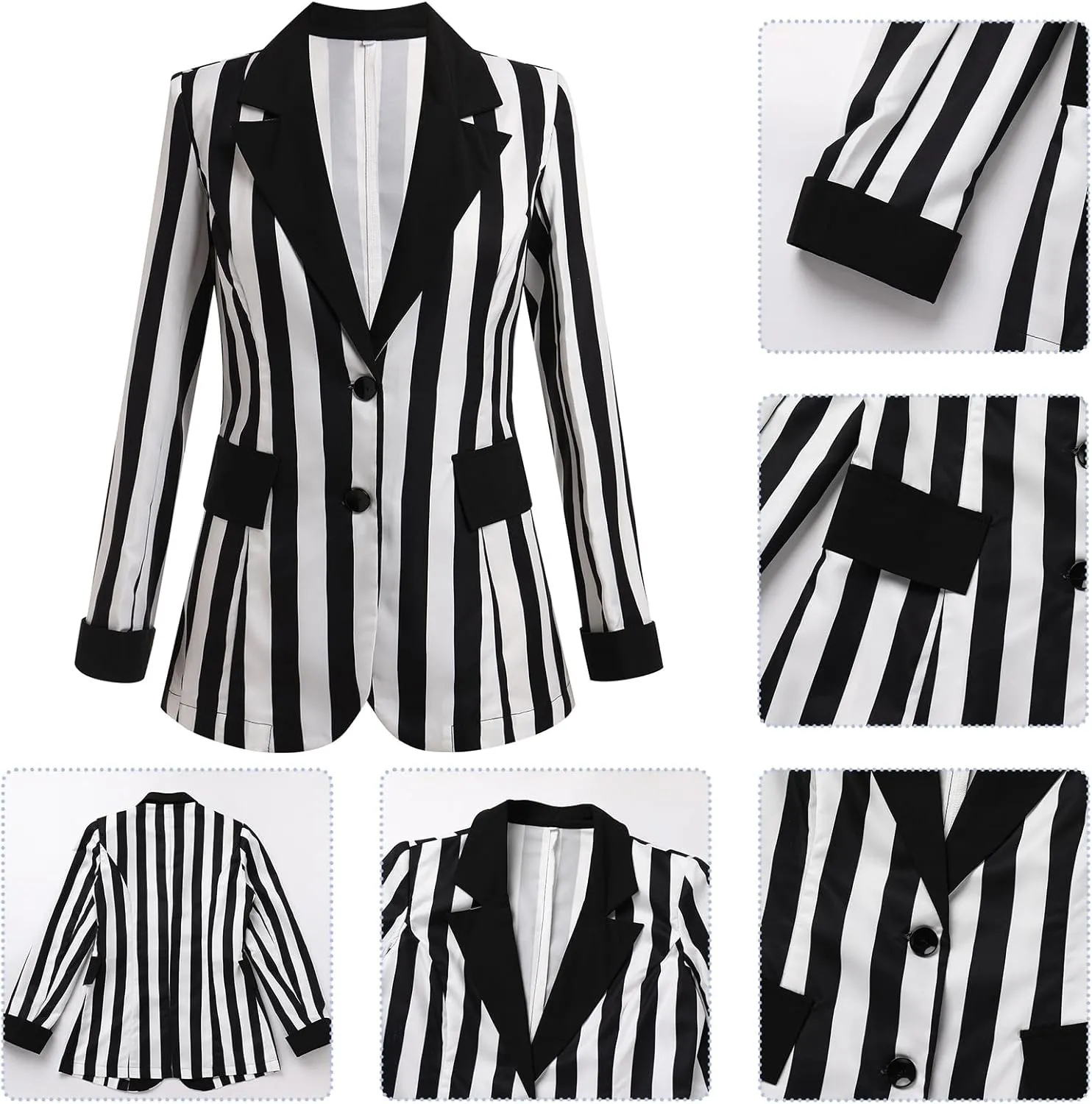 OBEEII Womens Black and White Striped Blazer Long Sleeve Single-Breasted Button Vertical Striped Blazer Office Work Jacket